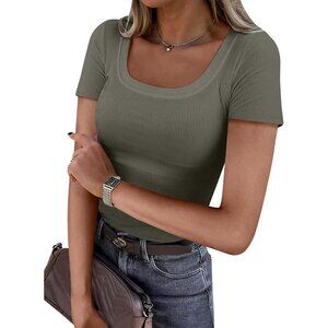 Women's T-Shirt Green Short Sleeve Scoop Neck Casual Ribbed Knitted Slim Fit